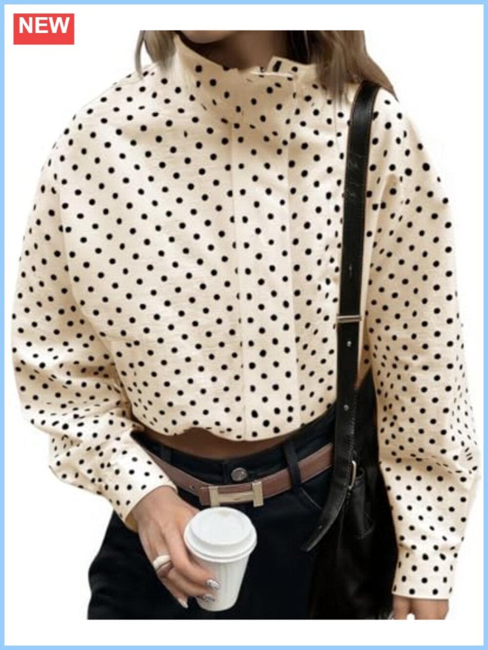 Polka Dot Zip Up Cropped Jacket Oversized Fit Casual Long Sleeve